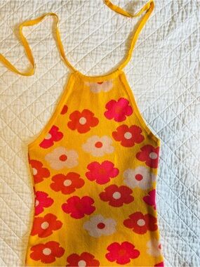 Altar’d State Yellow Floral Knit Halter Mini Dress Tie Straps Size S Floral
